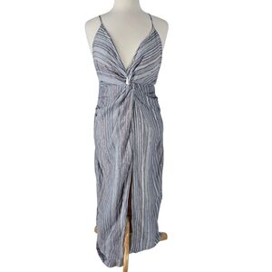 Handloom Celia Metallic Striped Cotton Midi Dress M/L Knotted Front Gray